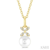 1/50 ctw Petite Floral Round Cut Diamond and 6X6 MM Cultured Pearl Fashion Pendant With Chain in 10K Yellow Gold