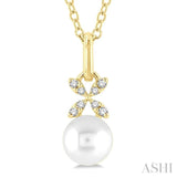 1/50 ctw Petite Floral Round Cut Diamond and 6X6 MM Cultured Pearl Fashion Pendant With Chain in 10K Yellow Gold