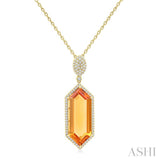 26X10 MM Evoque Gemstone Hexagon Shape Citrine and 1/2 Ctw Round Cut Diamond Halo Semi-Precious Pendant With Chain in 14K Yellow Gold
