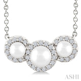 1/8 Ctw Past, Present & Future 4MM & 3MM Cultured Pearl and Round Cut Diamond Halo Pendant With Chain in 14K White Gold