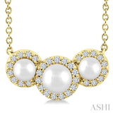 1/8 Ctw Past, Present & Future 4MM & 3MM Cultured Pearl and Round Cut Diamond Halo Pendant With Chain in 14K Yellow Gold