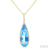 26X9 MM Evoque Gemstones Pear Shape Blue Topaz and 1/4 Ctw Round Cut Diamond Halo Semi-Precious Pendant With Chain in 14K Yellow Gold