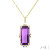 22X10 MM Evoque Gemstones Emerald Cut Amethyst and .80MM Sapphire & 1/5 Ctw Round Cut Diamond Halo Semi-Precious Pendant With Chain in 14K Yellow Gold