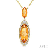 18X8 MM Evoque Gemstone & 10x5 MM Oval Shape Citrine and 1/3 Ctw Round Cut Diamond Halo Semi-Precious Pendant With Chain in 14K Yellow Gold
