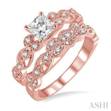 1/2 Ctw Diamond Wedding Set with 1/2 Ctw Princess Cut Engagement Ring and 1/10 Ctw Wedding Band in 14K Rose Gold
