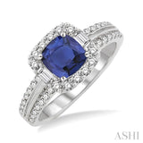 6x6 mm Cushion Cut Sapphire and 5/8 Ctw Round Cut Diamond Ring in 14K White Gold