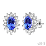 1/5 Ctw Round Cut Diamond and Oval Cut 5x3mm Tanzanite Center Sunflower Precious Earrings in 10K White Gold