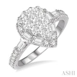 3/4 ctw Pear Shape Lovebright Baguette and Round Cut Diamond Ring in 14K White Gold