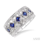 3x3MM Princess Cut Sapphire and 1/4 Ctw Round Cut Diamond Fashion Ring in 14K White Gold