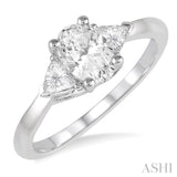 3/4 ctw Oval and Triangle Cut Diamond Ladies Engagement Ring with 1/2 Ct Oval Cut Center Stone in 14K White Gold