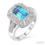 8x6 mm Emerald Cut Blue Topaz and 1/50 Ctw Single Cut Diamond Ring in Sterling Silver