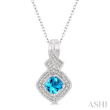 1/50 Ctw Cushion Cut 5x5mm Blue Topaz & Round Cut Diamond Sterling Silver Pendant With Cable Chain