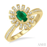 1/5 ctw Floral Oval Shape 6x4mm Emerald & Round Cut Diamond Precious Ring in 10K Yellow Gold