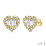 3/8 ctw Heart Shape Baguette Center & Round Cut Diamond Earrings in 14K Yellow Gold