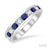 1/2 ctw Round Cut Diamond and 2.9MM Sapphire Precious Wedding Band in 14K White Gold