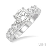 1/2 ctw Zigzag Shank Baguette and Round Cut Diamond Semi-Mount Engagement Ring in 14K White Gold