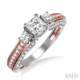 1 Ctw Diamond Engagement Ring with 1/2 Ct Princess Cut Center Stone in 14K White and Rose Gold