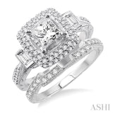 1 1/2 Ctw Diamond Wedding Set with 1 1/3 Ctw Princess Cut Engagement Ring and 1/6 Ctw Wedding Band in 14K White Gold