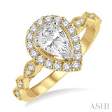 1/3 ctw Pear Shape Carved Shank Round Cut Diamond Semi-Mount Engagement Ring in 14K Yellow and White Gold