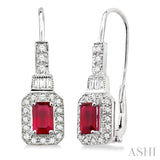 6x4MM Octagon Cut Ruby and 1/2 Ctw Baguette and Round Cut Diamond Earrings in 14K White Gold
