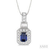 6x4 MM Octagon Cut Sapphire and 1/4 Ctw Round and Baguette Cut Diamond Pendant in 14K White Gold with Chain