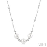 1/5 ctw 8x8MM Triple Cultured Pearl and Round Cut Diamond Circular Mount Necklace in 14K White Gold