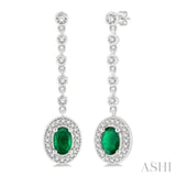 3/8 ctw Oval Shape 6x4MM Emerald and Round Cut Diamond Drop Earrings in 14K White Gold