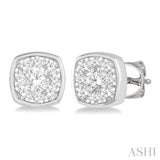 1/2 ctw Cushion Shape Round Cut Diamond Lovebright  Bezel Stud Earring in 14K White Gold