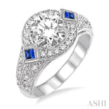 2.3 MM Princess Cut Sapphire and 1/3 Ctw Round Cut Diamond Semi-mount Engagement Ring in 14K White Gold