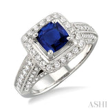 6x6 mm Cushion Cut Sapphire and 1 Ctw Round Cut Diamond Ring in 14K White Gold