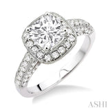 7/8 ctw Raised Cushion Shape Round Cut Diamond Semi-Mount Engagement Ring in 14K White Gold